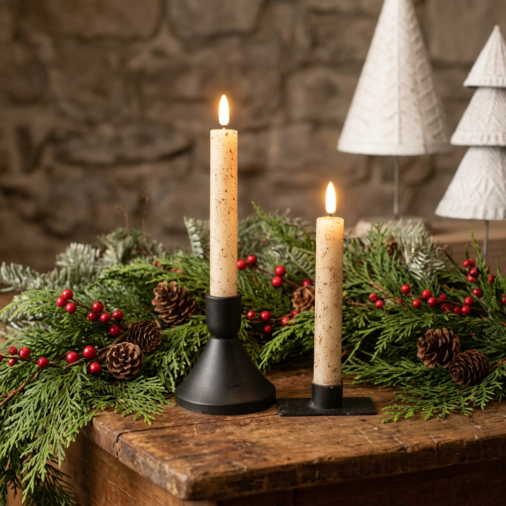 Two cream color battery operated tapers on wood table with fresh greens and berries and white trees in background.