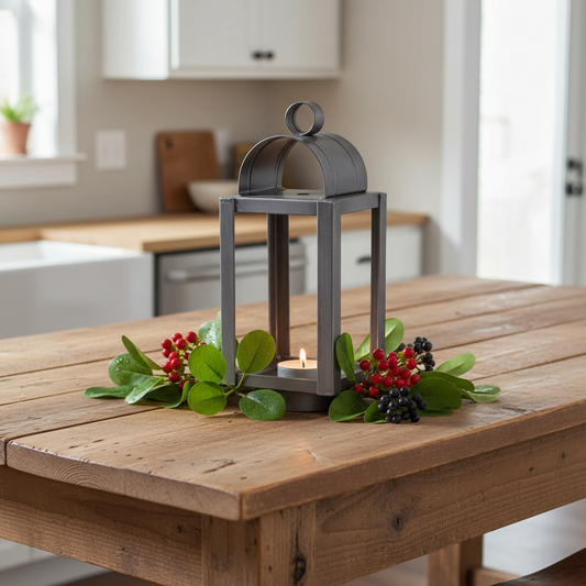 Decorative lantern with candles and greenery on a wooden table in a kitchen.
