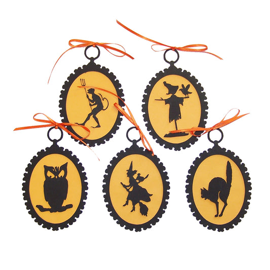 5 Halloween Silhouette Ornaments w/ Orange Ribbon