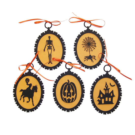 5 Halloween Silhouette Ornaments A w/ Orange Ribbon