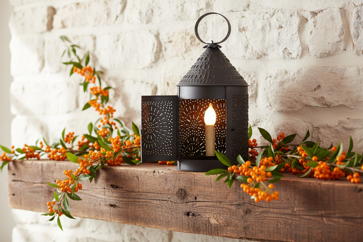 A black metal lantern with a lit candle inside sits on a rustic wooden mantel decorated with orange berries and green leaves against a white brick wall.