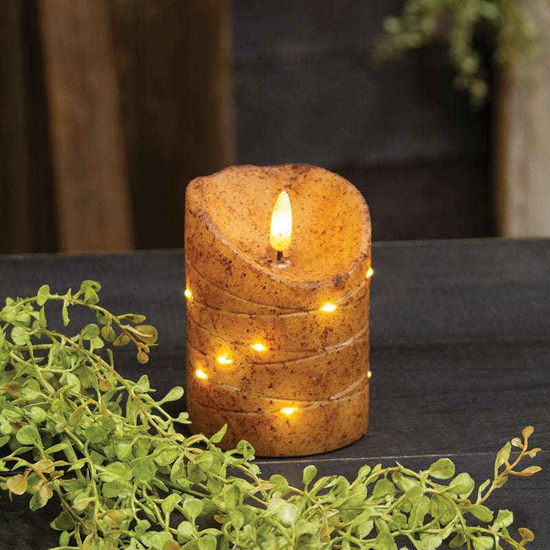 Burnt Ivory LED Wrapped Flicker Flame Timer Pillar