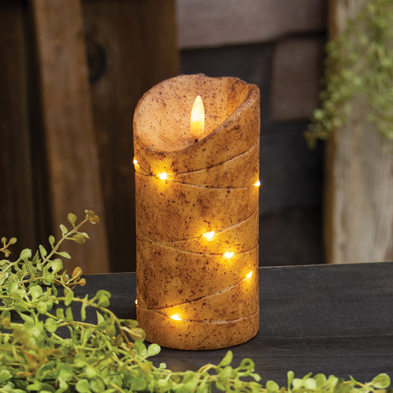 Burnt Ivory LED Wrapped Flicker Flame Timer Pillar