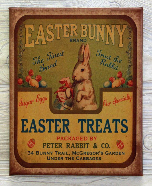 An 8x10 inch canvas print with an Easter Bunny theme, featuring an illustration of a rabbit and text reminiscent of a vintage advertisement.
