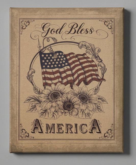 Decorative sign with American flag, flowers, and 'God Bless America' text on a wooden surface.