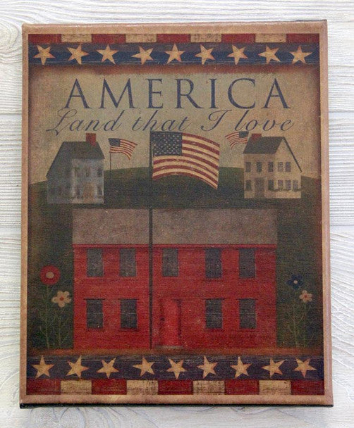 Canvas print with a group of houses with flags and the words "America Land That I Love"