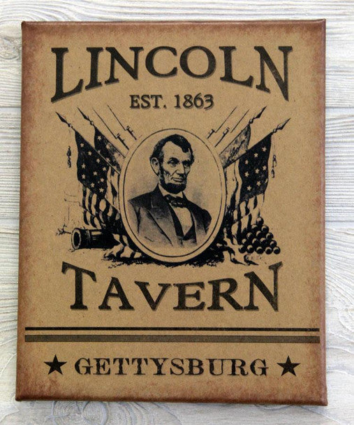 A canvas print featuring the text 'Lincoln Tavern' and a portrait of Abraham Lincoln, with a vintage design and the year '1865' at the top.