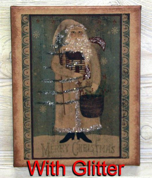 A canvas print featuring a rustic Santa holding a log cabin, with a festive background and the text 'Merry Christmas' on the lower part.