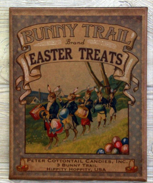 Canvas print featuring an illustration of Easter Bunnies advertising their brand of Easter treats