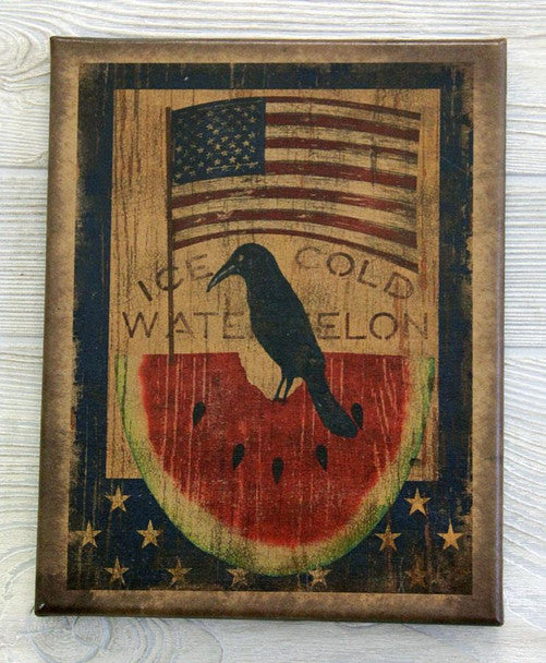 Canvas print with a crow on top of a watermelon with a flag flying over the scene