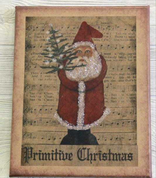 Canvas print with an illustration of Santa holding a feather tree standing in front of sheet music