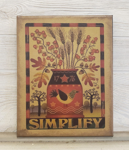 A canvas print featuring a floral arrangement in a basket with a bird, set against a warm, earthy background with a patterned border.