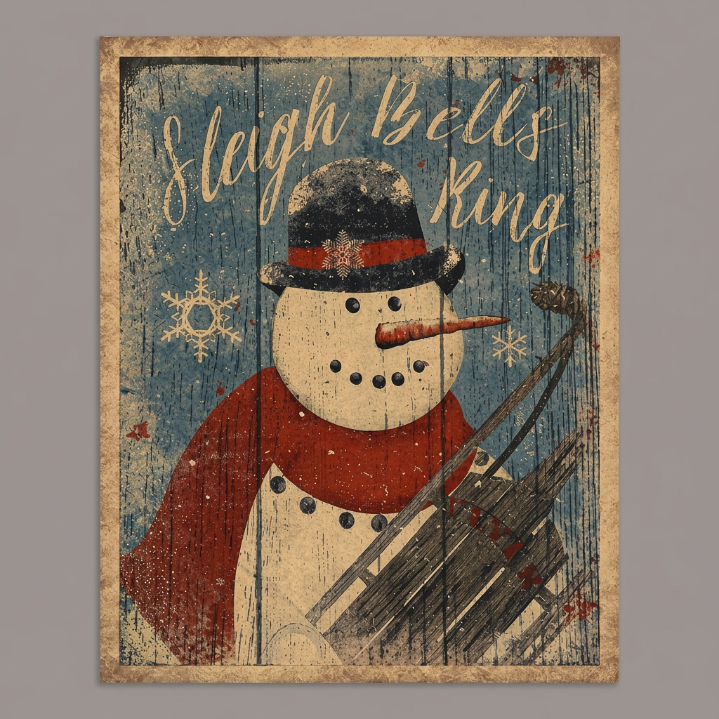  Sleigh Bells Ring canvas print featuring a snowman in a black hat and red scarf holding a sled against a distressed blue background.