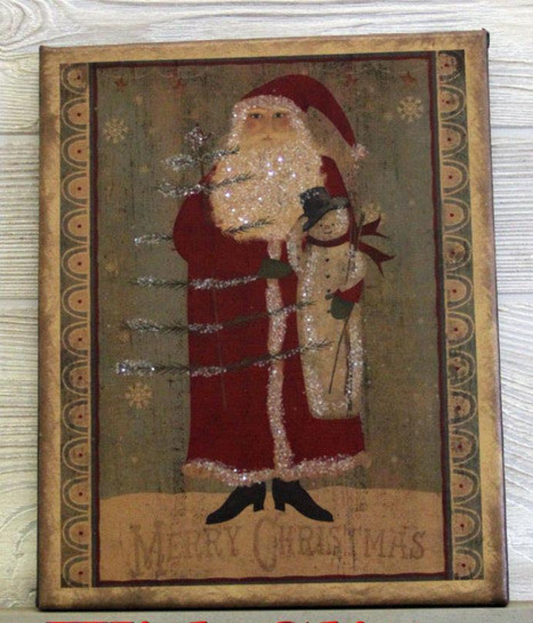 Canvas print with a Santa holding a snowman and a feather tree with a decorative border