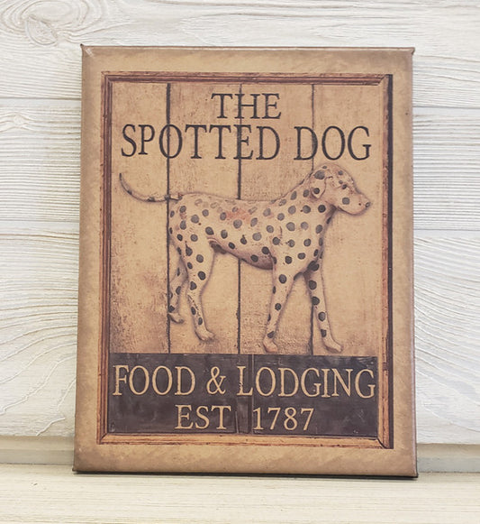 Print with a spotted dog and advertising food and lodging