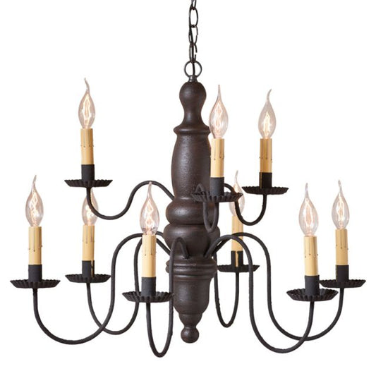 A two-tiered wooden chandelier with nine arms, featuring a textured black finish and hanging from a chain.