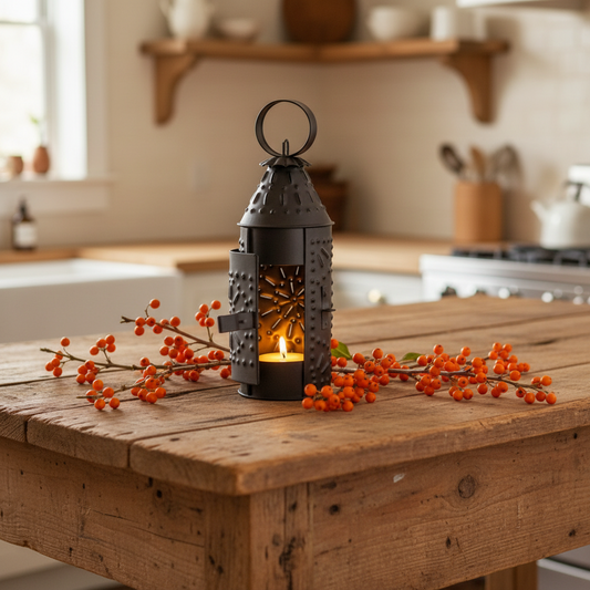 Decorative lantern with a lit candle on a wooden table in a kitchen setting
