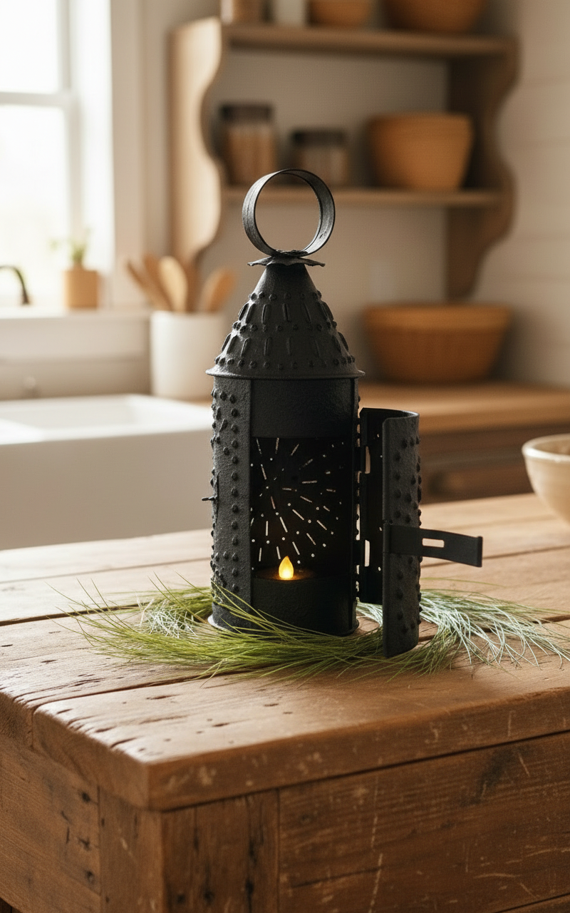 Black decorative lantern on a wooden surface with a blurred kitchen background