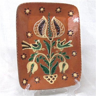 Primitive Redware Bird and Tulip Plate