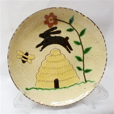 Rabbit and Bee Skep Redware Plate