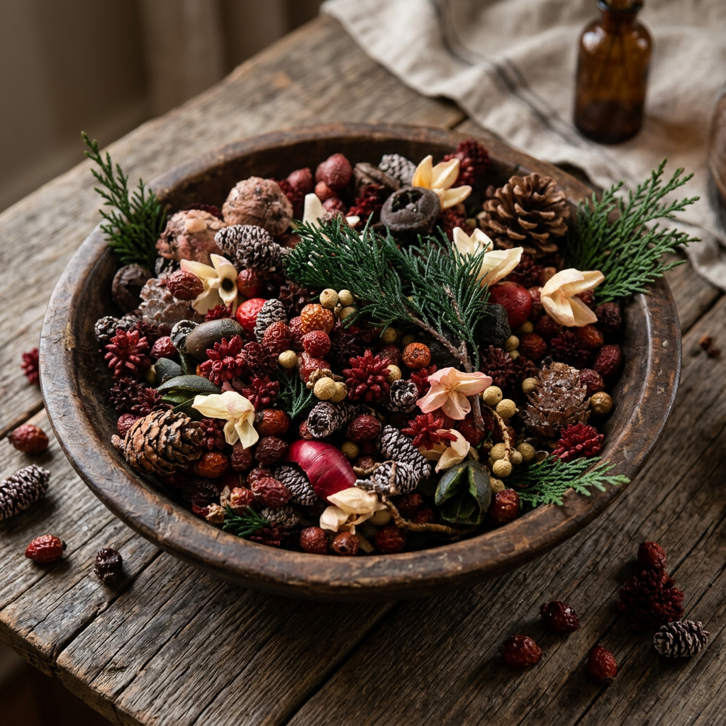 Balsam winter potpourri in antique wooden bowl.