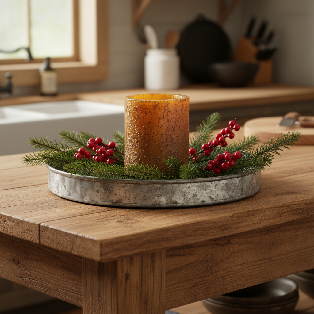 Decorative candle with greenery on a metal tray on a wooden table in a kitchen.