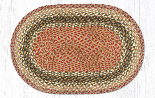 An oval braided rug with concentric bands of red, beige, and dark brown on a white wood-textured background.