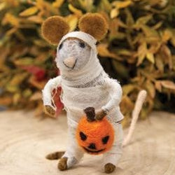 Felted Mummy Mouse Holding Pumpkin Fall Ornament