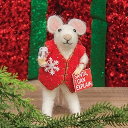Stuffed mouse in a red vest with a snowflake design, standing in front of a red and green striped background.