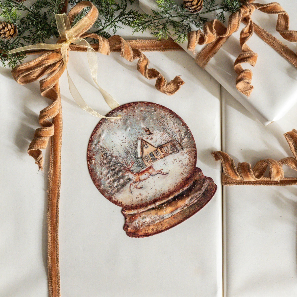 6" House and Deer Snow Globe Metal Ornament