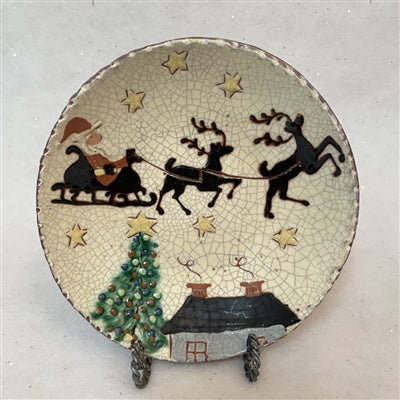 Primitive Santa and Reindeer Redware Plate