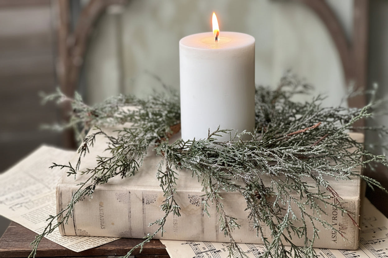 White candle on a book with greenery and sheet music in the background