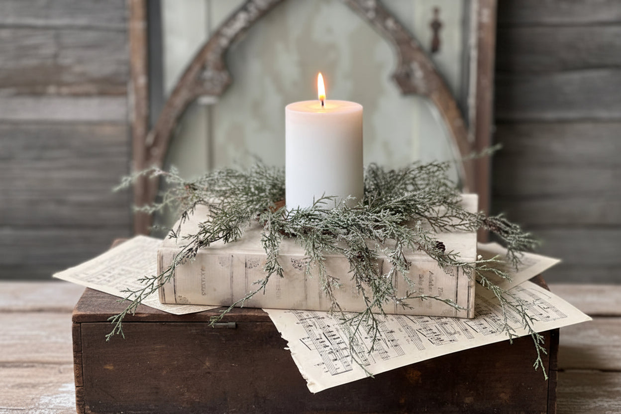 White candle on a rustic wooden box with greenery and old papers, against a wooden wall.