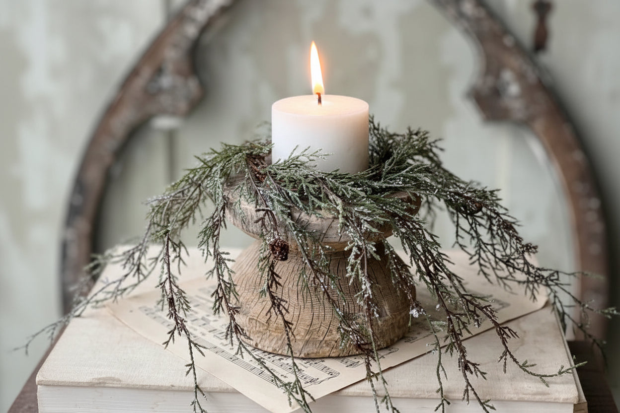 Decorative candle on a wooden block with greenery against a rustic background