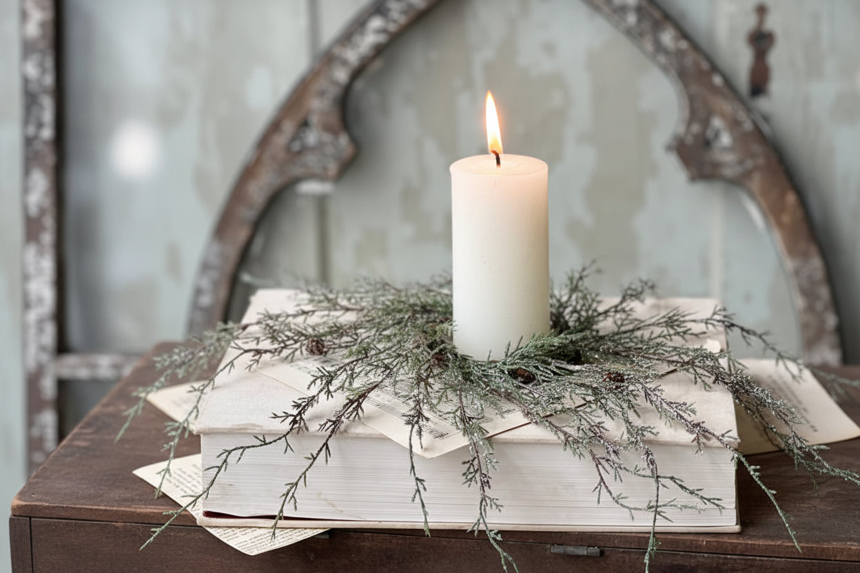 White candle on a wooden surface with greenery and books, rustic decor.