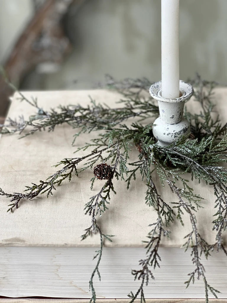 Weeping Cedar Candle Ring | Snow | 9"