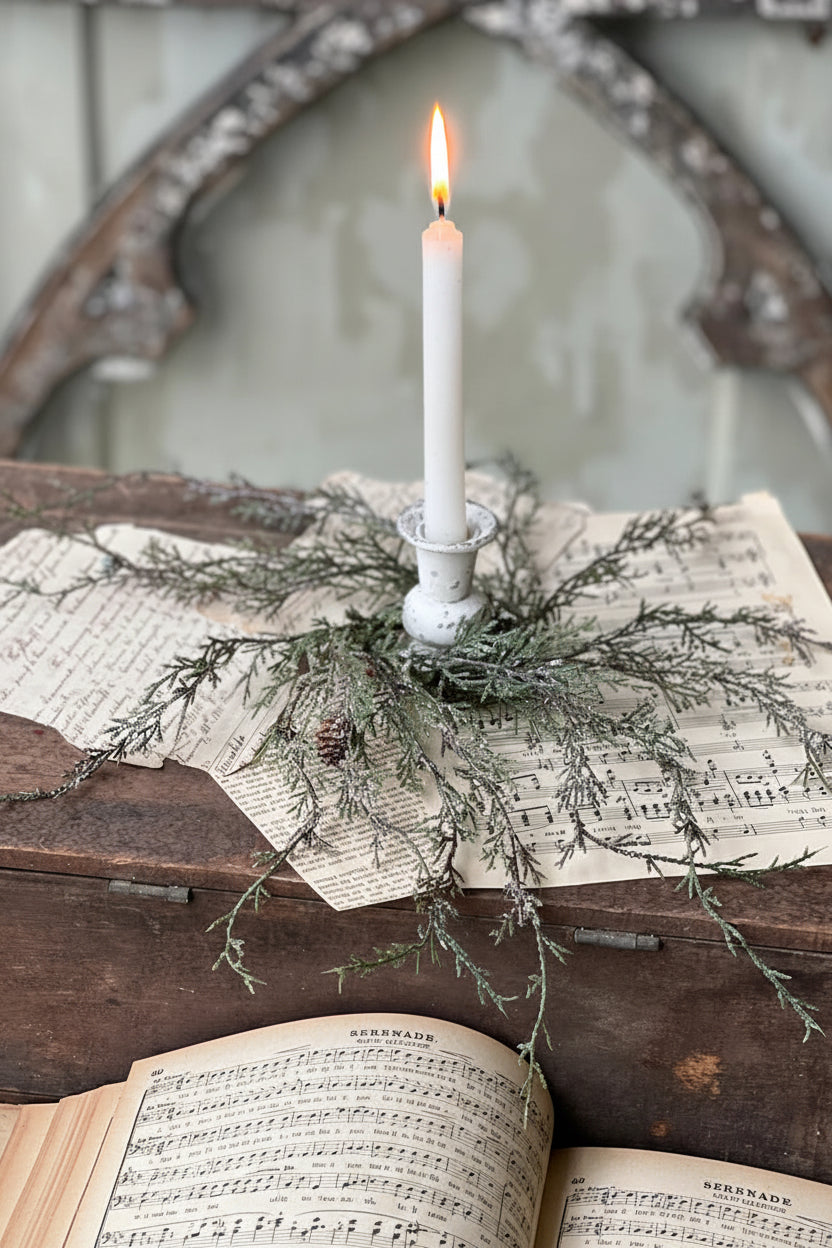 Candle on a rustic wooden surface with greenery and sheet music