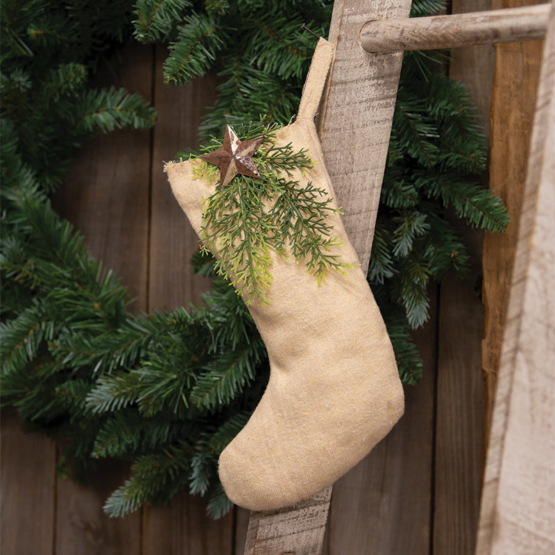 Natural fabric stocking with winter greenery and rusty star hanging from ladder.