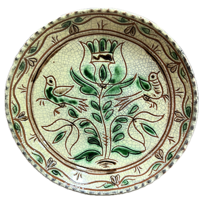 Redware Sgraffito Floral and Bird Plate