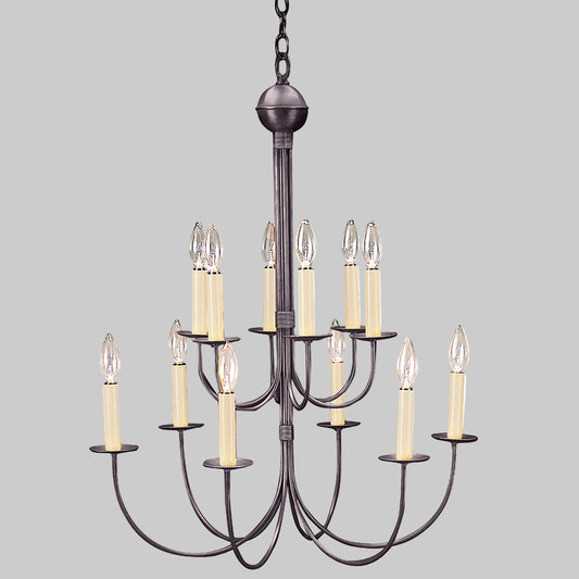 Chandelier with multiple candle-style lights on a white background