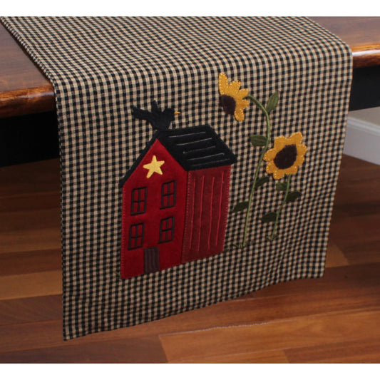 Home Sampler Primitive Table Runner with House and Sunflowers