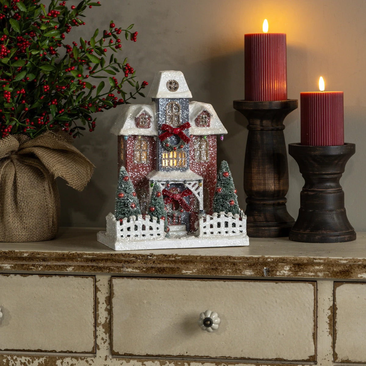 Lighted Red Estate with Red Bows
