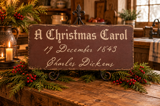 A rustic wooden sign reading 'A Christmas Carol 19 December 1843 Charles Dickens' displayed on a wooden table in a cozy, decorated holiday kitchen setting.