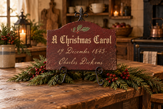 A rustic decorative sign reading “A Christmas Carol 19 December 1843 Charles Dickens” displayed on a black metal stand on a wooden table, surrounded by green garlands and red berries in a warm, candlelit kitchen setting.
