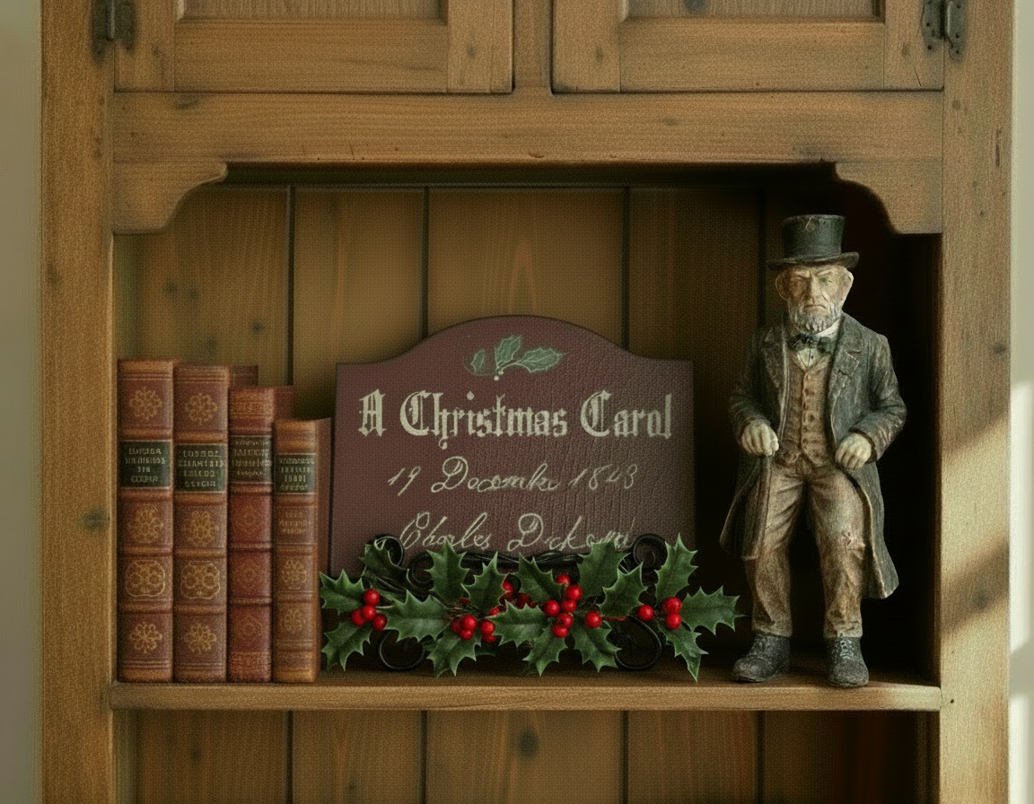 Wooden shelf with 'A Christmas Carol' sign and figurine inside a wooden cabinet.