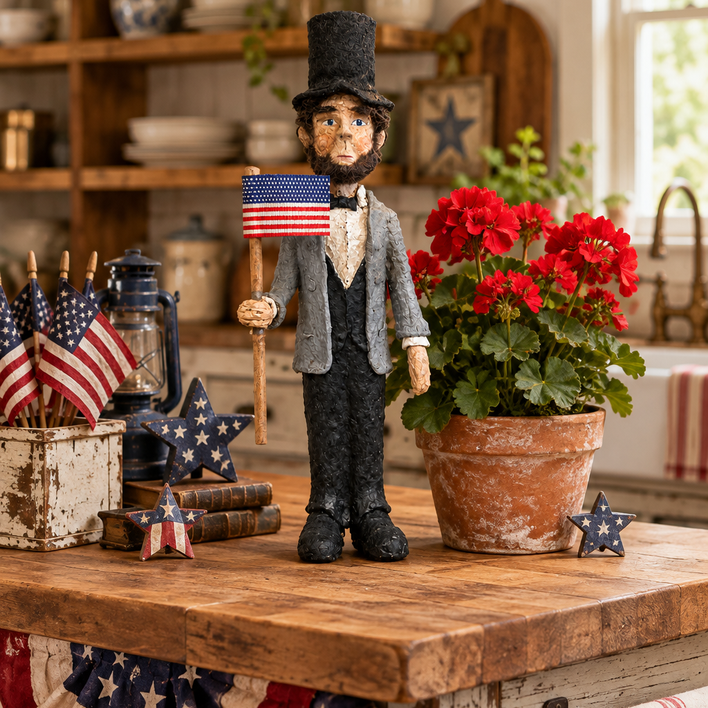 Papier mache Abe Lincoln holding a flax on a table decorated for July 4th on a sunny day.