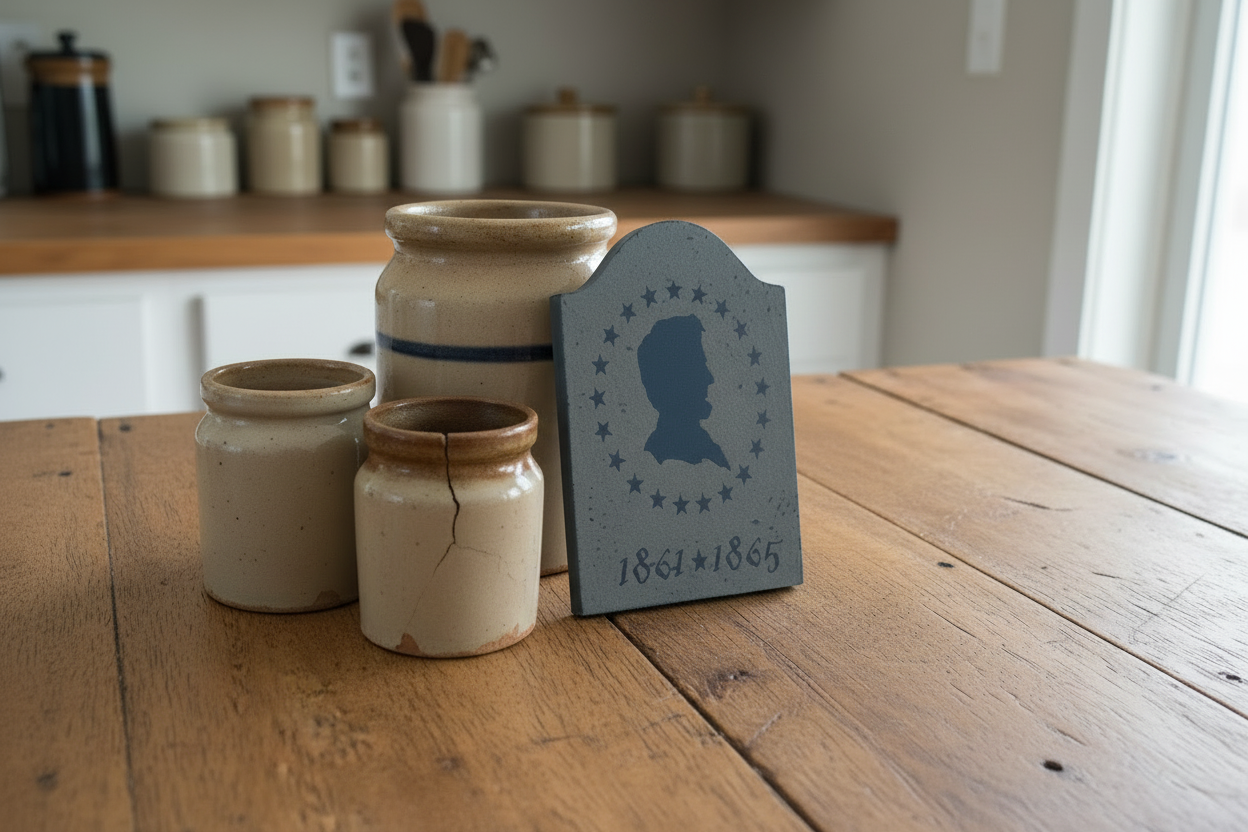 Decorative stone with silhouette and dates on a wooden table with ceramic jars.