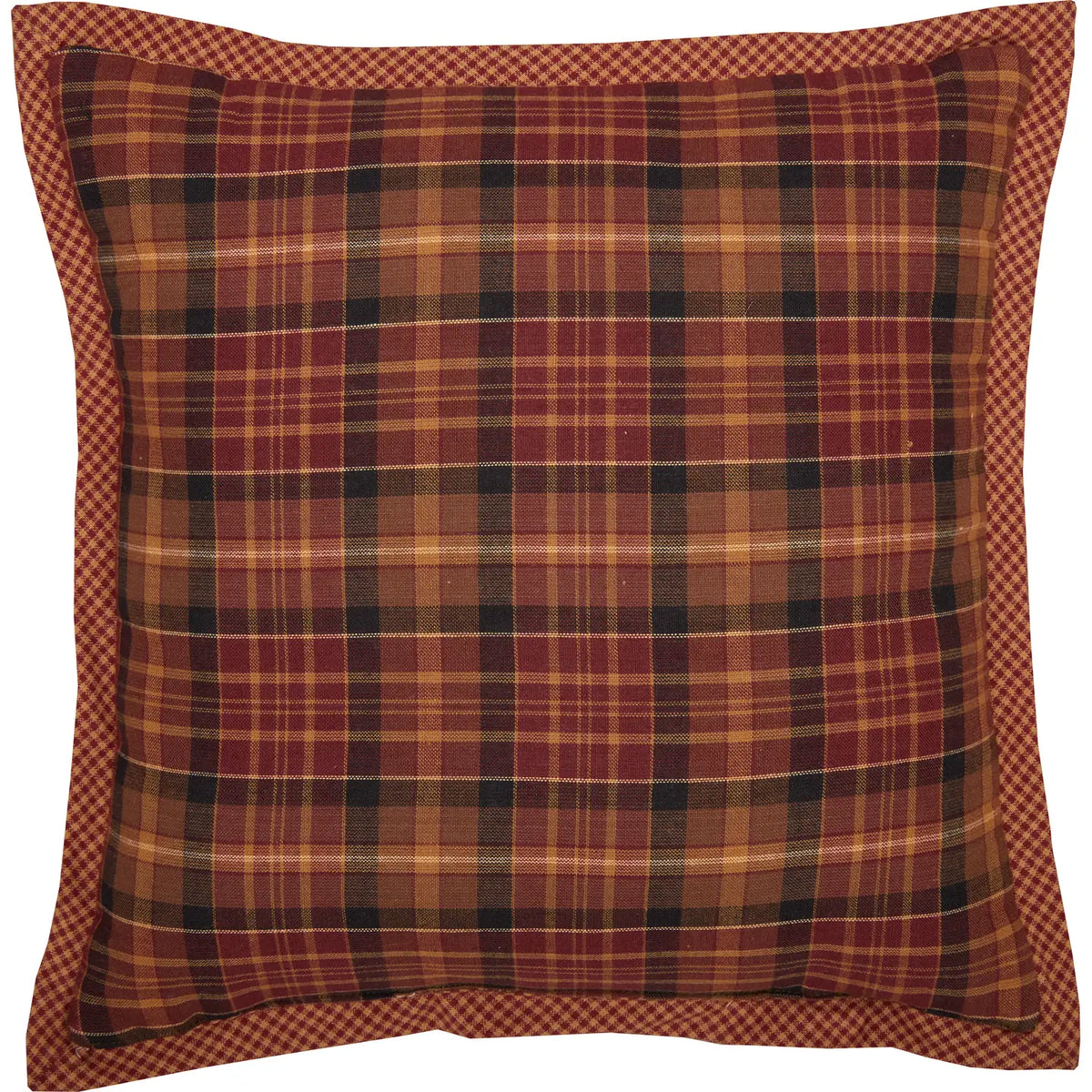 Back of the Abilene Star throw pillow with burgundy, brown, and tan plaid fabric and a rust gingham border.