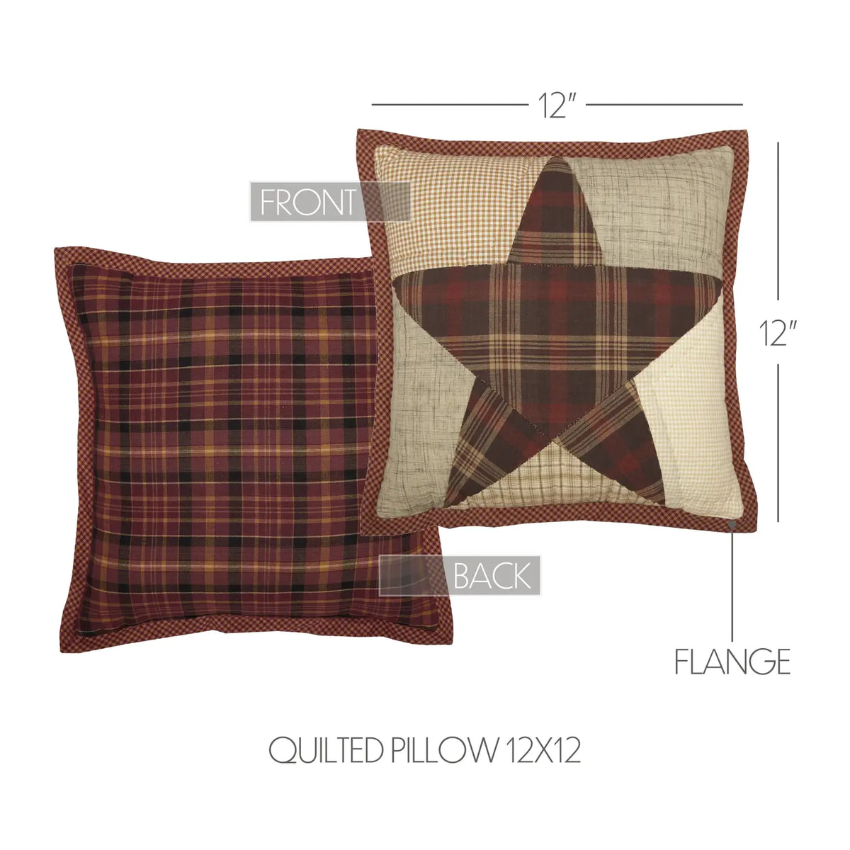 Front and back views of the Abilene Star quilted pillow, showing its 12-by-12-inch dimensions and flanged border.