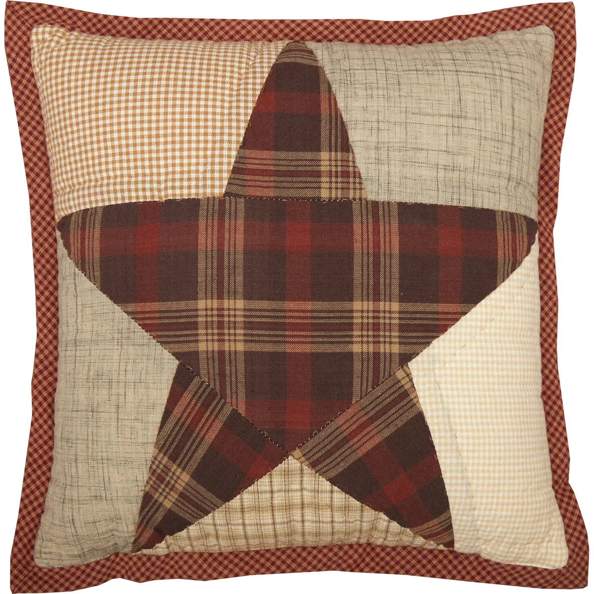 Abilene Star throw pillow with a burgundy plaid star, cream and tan patchwork background, and rust gingham border.